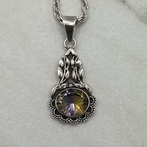 Vintage Sterling Silver Pendant Necklace With Botanicals And Yellow Purple Stone